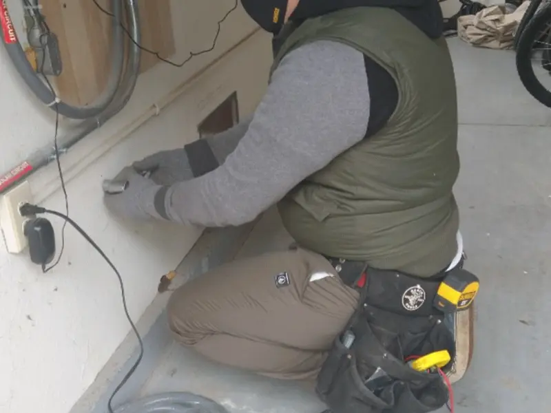 Electrician performing outlet wiring in a Wharton garage